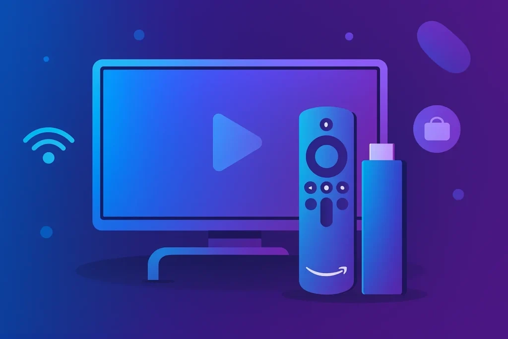 Illustration of a smart TV, Amazon Firestick, and remote control representing top IPTV streaming devices.